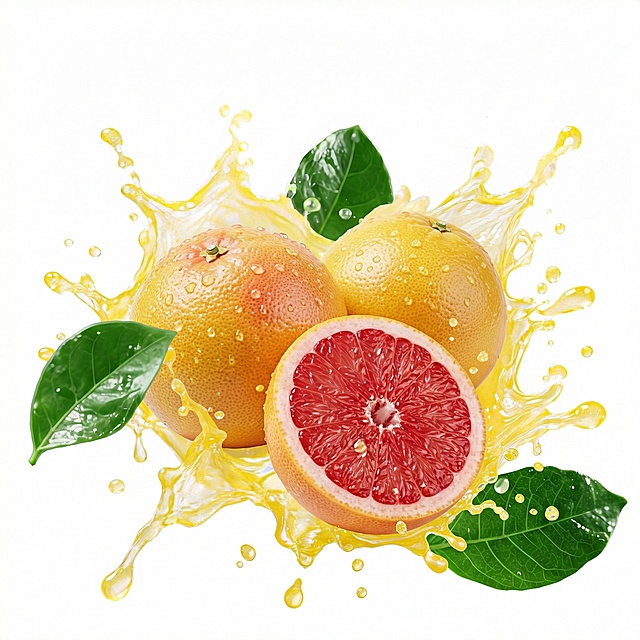 把柠檬改成两个葡萄柚，两个葡萄柚其中一颗漏出新鲜红果肉，所有葡萄柚上带水珠，新鲜颜色，纯白色背景悬空，果汁颜色不变，高清晰大图