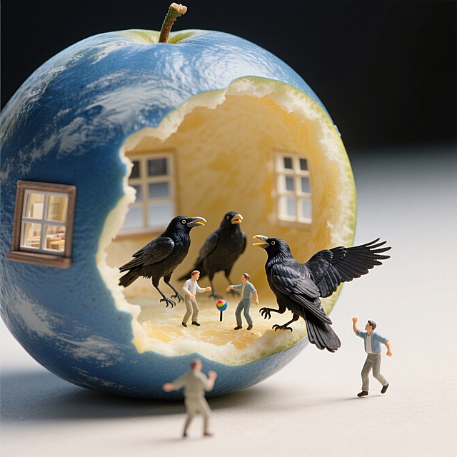 一颗巨大的蓝色星球，果肉被掏空，外壳剥开一块，里面是五只乌鸦在玩游戏，蓝色星球上安了窗户。