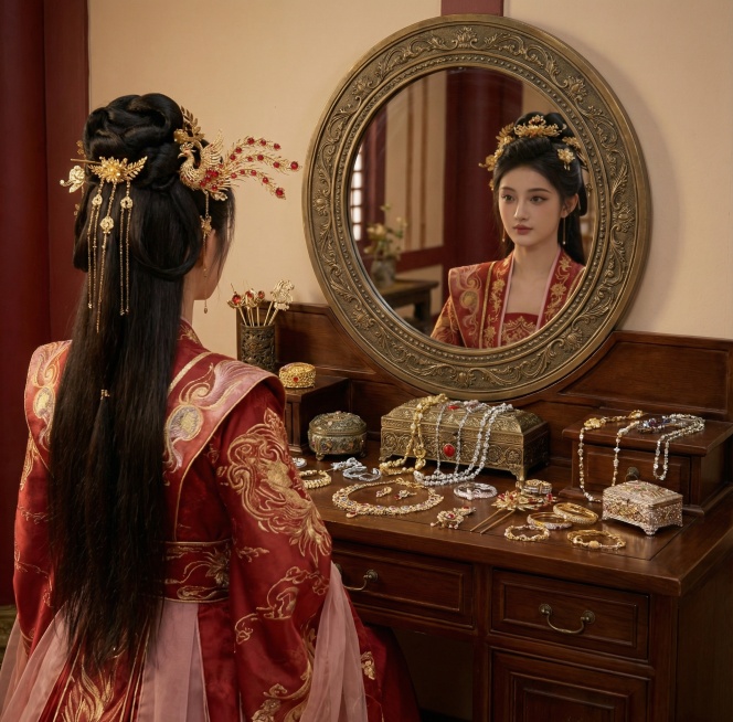 发型与图2一致，梳妆台更加大一些，梳妆台上有各种金银珠宝，镜子是圆镜，梳妆台靠着墙面摆放预览效果