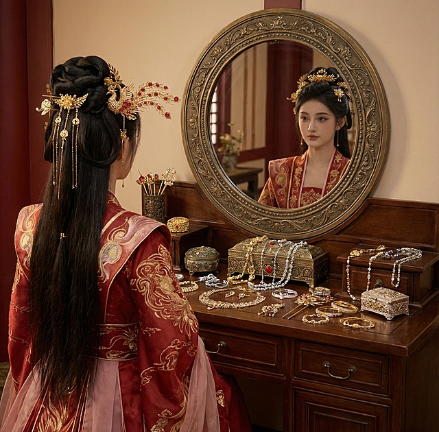 发型与图2一致，梳妆台更加大一些，梳妆台上有各种金银珠宝，镜子是圆镜，梳妆台靠着墙面摆放