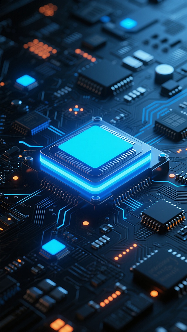 3D渲染风格的科技感背景，以深蓝色与黑色为主色调，中央是一块散发着明亮蓝色光芒的方形芯片，芯片边缘有蓝色灯带环绕，周围布满精密的黑色电路板和各种电子元件，电路板上点缀着蓝色和橙色的发光小点，整体呈现出强烈的金属质感和科技氛围，光影效果突出，高光与阴影对比鲜明，营造出深邃而神秘的未来科技感，画面构图聚焦于中央芯片，四周元件有序排列，具有良好的视觉引导和层次感。