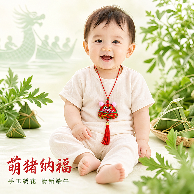 [主图-2] 1岁左右宝宝全身佩戴萌猪生肖香包吊坠展示图。
[氛围风格] 清新国风端午节氛围，融入香囊粽子龙舟艾叶元素，浓厚节日氛围感，温馨自然。
[画质] 商业摄影质感、光线柔和通透、产品清晰真实、画面干净高级。
[元素] 1岁左右小宝宝，身穿浅色简约衣服，自然坐姿，全身照，胸前佩戴萌猪生肖红色刺绣香包吊坠，吊坠小巧玲珑，保持吊坠外观（即物理结构、材质质感、颜色）与输入产品图绝对一致，不改变香包原貌，杜绝任何变形和色差，精细化处理。背景点缀新鲜艾叶、迷你粽子，远处淡青色龙舟轮廓，丰富端午氛围。商品主体占比严格控制在60%-70%之间，画面满屏无边框。
[光影] 柔和南向自然光，整体曝光均匀，吊坠刺绣纹理清晰，宝宝肤色自然通透，背景浅景深虚化，突出胸前吊坠主体，光影层次丰富。
[配色] 主色调米白+草木绿，点缀红色吊坠，色彩清新雅致，端午节日氛围浓郁。
[视角构图] 平视拍摄，宝宝坐姿全身展示，主体居中，景深适中。
[文字版式] 左下负空间左对齐，大字主文案写“萌猪纳福”，红色书法字体，辅助短句“手工绣花 清新端午”，浅绿小字。
[比例分辨率] 1:1 比例，4k 分辨率，文字清晰锐利，画面超高清。
[负向提示词] 变形，水印，文字错乱，产品图模糊，背景杂乱，吊坠变形变色，人脸遮挡，文字遮挡主体