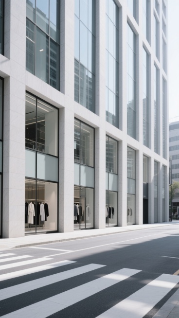 极简主义风格的高端精品店街景，现代建筑外立面采用浅灰色石材与大面积玻璃幕墙，干净利落的线条与对称构图，明亮柔和的侧光照射形成清晰的建筑阴影，地面为深灰色沥青路面与白色斑马线，整体色调以灰白为主色调，营造出宁静、高级、空旷的都市氛围，建筑底层为精品店橱窗，内部隐约可见陈列的服饰，画面视角为低角度仰拍，突出建筑的高耸与整洁感，无行人车辆的静谧街景。预览效果