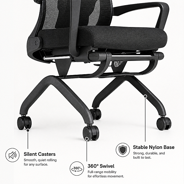 [Main image 4] Function detail of black mesh office chair. Close-up of 360° silent rolling caster and sturdy nylon base. Lead wire marker at key position: "Silent Casters", "Stable Nylon Base", "360° Swivel". Keep product detail appearance consistent with original image, style and light unified with full set, all text in English, 1:1 square, 4K resolution.