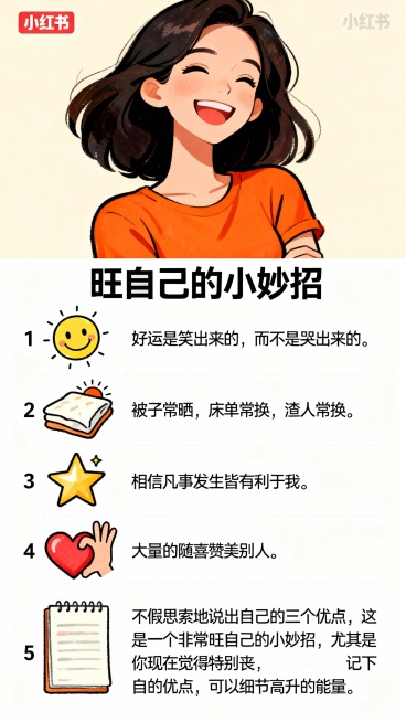 手绘漫画风格小红书内页，顶部自信微笑大女主形象，穿橙色上衣，背景浅米色。中间五条“旺自己的小妙招”纵向排列，每条左侧配手绘图标：1.微笑表情图标，文字“好运是笑出来的，而不是哭出来的。”；2.太阳晒被预览效果