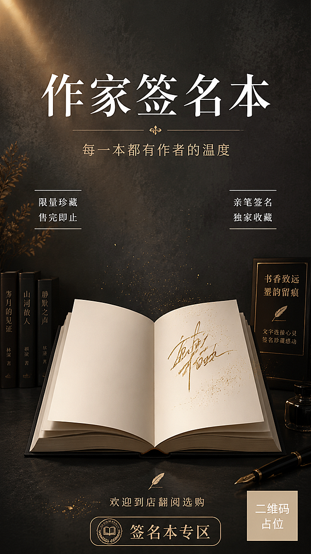 一张竖版书店作家签名本专区宣传海报，文艺简约风格，深灰色哑光墙面质感背景，与书店深灰墙协调。画面上方居中是主标题大字"作家签名本"，白色衬线文艺字体，字间距宽松有呼吸感。主标题下方是副标题"每一本都有作者的温度"，浅米色细体字。画面中部偏下有一本摊开的精装书籍剪影，书页上有金色钢笔手写签名的抽象笔触图案，金色微光点缀。左右两侧各有两条短卖点标签，左侧"限量珍藏 售完即止"，右侧"亲笔签名 独家收藏"，白色小字配细横线装饰。画面底部有小字"欢迎到店翻阅选购"，以及一个圆角矩形的"签名本专区"印章式小标识。整体配色：深灰底 + 白色主文字 + 浅米色辅助文字 + 烫金色点缀，高级文艺书店质感。版式精美，留白充足，层次分明，光影柔和，顶部有微弱暖光洒落。画面中所有信息区域必须填充完整合理的内容，不得出现空白框或待填写区域。画面中所有二维码区域使用纯色方块占位符呈现，方块中央标注"二维码占位"文字，严禁生成任何可识别的二维码图案。