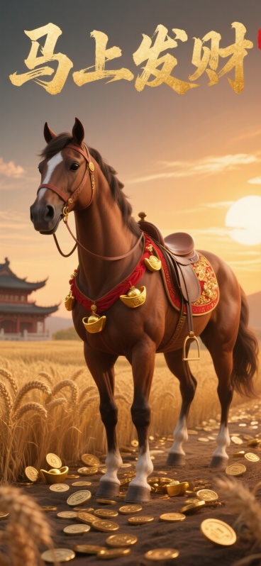 一匹健壮的棕色骏马，马鞍上装饰着金色元宝和红色绸缎，马蹄踏在散落的铜钱上，背景是夕阳下的金色麦田，远处有传统中式建筑轮廓，画面上方有“马上发财”四个金色书法字，整体色调温暖喜庆，超写实细节，光影层次感预览效果
