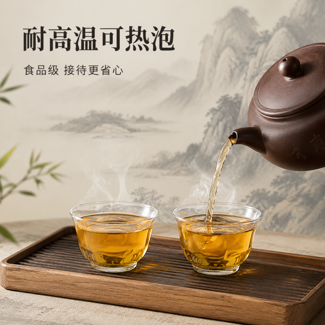 [主图] 一次性功夫茶杯泡茶展示，茶盘配国画背景；
[氛围风格] 中式禅意，书香墨韵；
[画质] 商业摄影质感，光线柔和通透，产品清晰真实，画面干净高级；
[元素] 紫砂茶壶正将茶汤倒入两个一次性功夫预览效果