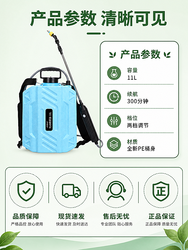 「图片1」，生成一套详情页，商品名称为11L电动喷雾器，卖点 双肩背负「图片1」，300分钟实测续航，高压雾化，11L大容量，一键启动，两档调节，多场景适用，主色调要绿色我需要全是有人物实操场景的