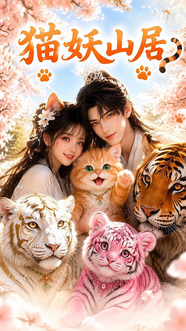 保留原图所有内容，只修改图片顶部的文字为“猫妖山居”，要求字体美观大方，保持原有字体风格
