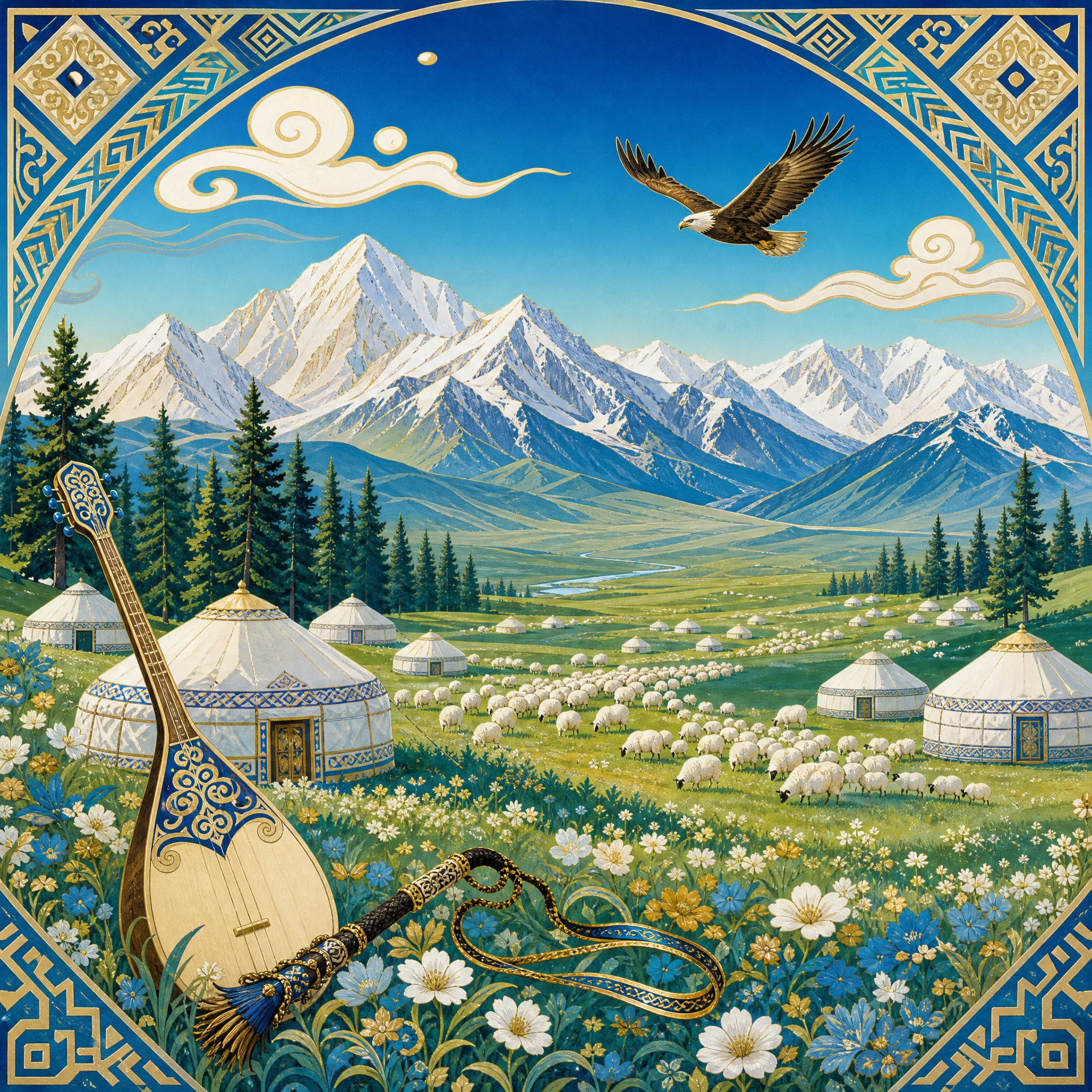 国潮风景插画，哈萨克族主题，天山脚下的草原牧场，白色毡房散落在… - 图片创意预览