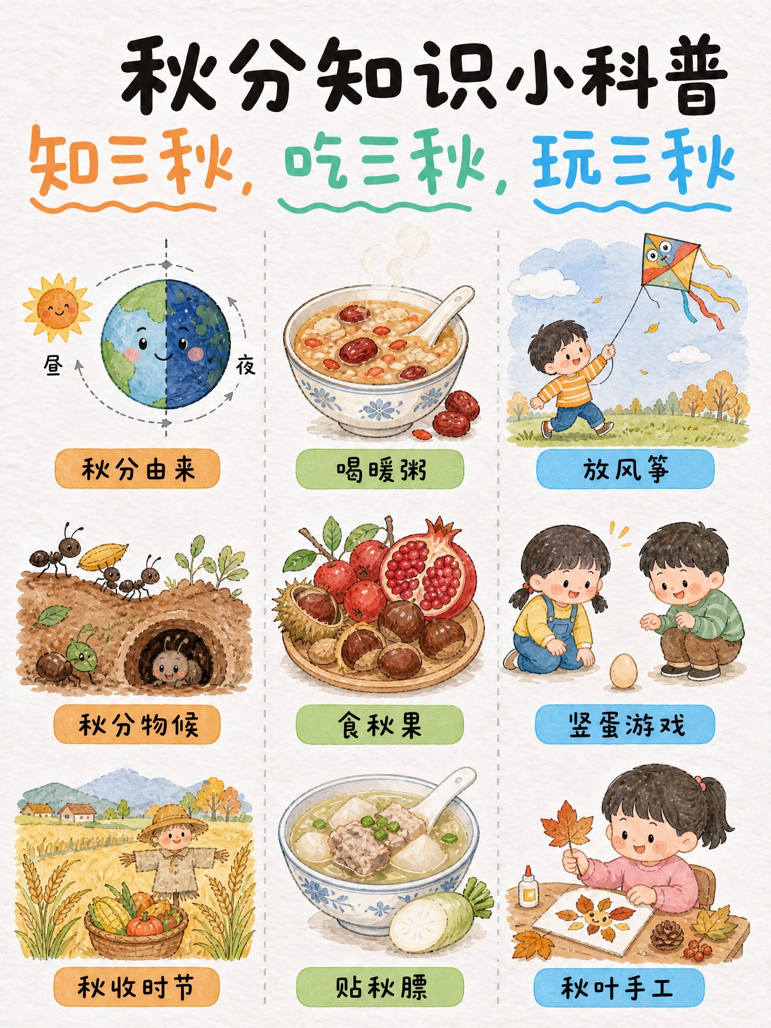 延续参考图的手绘水彩卡通风格和三栏九宫格版式，做第二张秋分知识… - 图片创意预览
