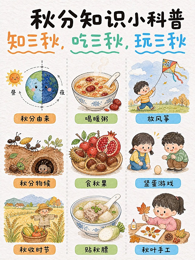 延续参考图的手绘水彩卡通风格和三栏九宫格版式，做第二张秋分知识小科普海报，内容为延续的新知识模块。

【版式骨架】与参考图完全一致的结构：
- 顶部大标题区 + 彩色副标题（知三秋橙色/吃三秋绿色/玩三秋蓝色，各带波浪下划线）
- 三列等宽分布，灰色虚线分隔，每列3个图文模块（上图下文，圆角标签式标题）
- 米白色宣纸纹理背景，手绘水彩卡通风格，圆润可爱Q版画风

【顶部标题】
- 主标题（黑色粗圆体）："秋分知识小科普"
- 副标题（三色分字）："知三秋,吃三秋,玩三秋"（知三秋橙色带橙波浪线/吃三秋绿色带绿波浪线/玩三秋蓝色带蓝波浪线）

【左列-知三秋（橙色系标签）——延续新内容】
1. 上图：卡通地球和太阳简笔画，展示昼夜平分的科学示意图；下文标签："秋分由来"
2. 上图：蚂蚁搬食物进洞+小昆虫躲在土洞里的可爱插画；下文标签："秋分物候"
3. 上图：秋天丰收的田野麦田插画；下文标签："秋收时节"

【中列-吃三秋（绿色系标签）——延续新内容】
1. 上图：一碗热气腾腾的红枣枸杞粥插画；下文标签："喝暖粥"
2. 上图：板栗、山楂、石榴等秋日干果组合插画；下文标签："食秋果"
3. 上图：秋日养生萝卜汤插画；下文标签："贴秋膘"

【右列-玩三秋（蓝色系标签）——延续新内容】
1. 上图：小朋友在草地上放风筝的可爱插画；下文标签："放风筝"
2. 上图：小朋友们玩竖蛋游戏的卡通插画；下文标签："竖蛋游戏"
3. 上图：小朋友捡秋叶做手工的插画；下文标签："秋叶手工"

【风格要求】与参考图画风高度统一：手绘水彩质感，圆润可爱的Q版人物，色彩温暖柔和，米白宣纸纹理底色。每个小模块都是插画在上、文字标签在下的结构，标签为圆角矩形底色。排版精美，信息清晰。

画面中所有信息区域必须填充完整合理的内容，不得出现空白框、空白占位。画面中所有二维码区域使用纯色方块占位符呈现，方块中央标注"二维码占位"文字，严禁生成任何可识别的二维码图案。