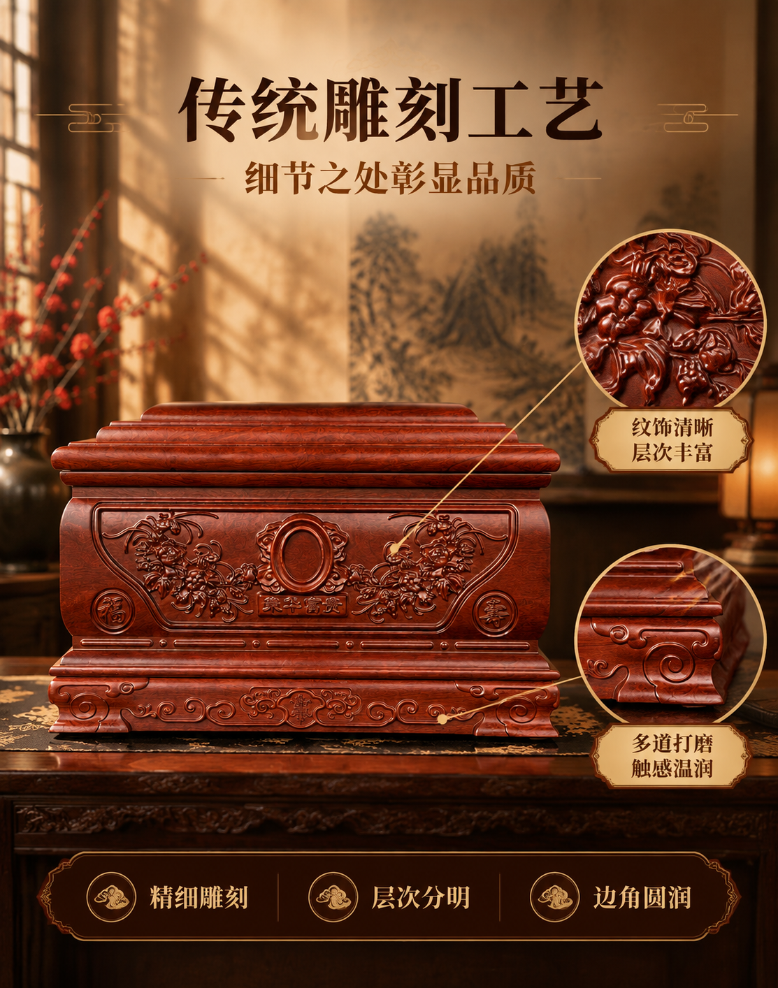 [主图-4 工艺细节] 展示传统木雕工艺与多道打磨工艺，突出雕… - 图片创意预览