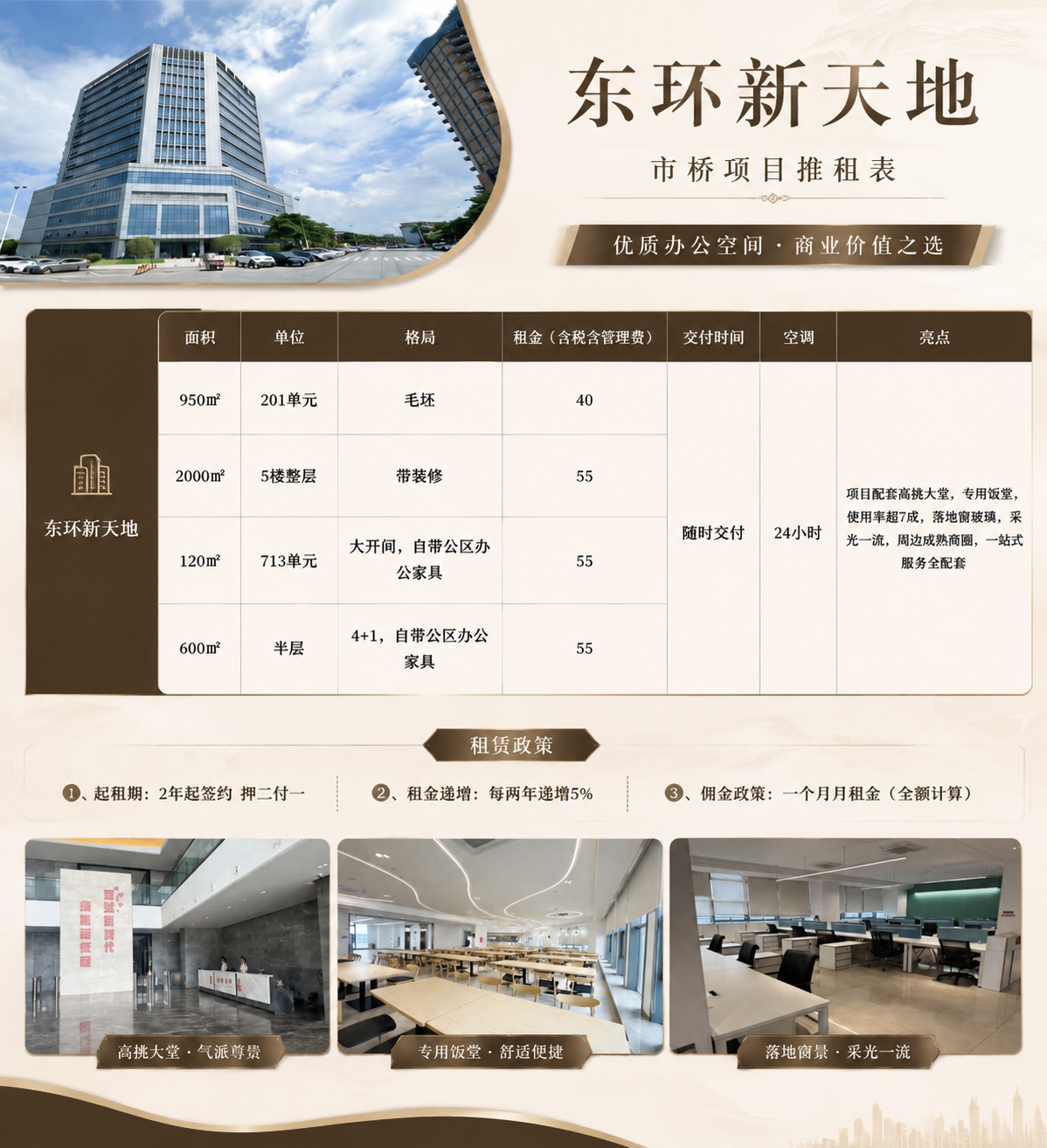 基于参考图的市桥项目推租表，重新设计为轻奢质感的写字楼招商单页… - 图片创意预览