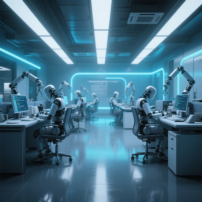 周六的现代化办公室，空间宽敞空旷，没有人类，只有多个不同形态的机器人在各自岗位工作，部分机器人正用机械臂敲击键盘编写代码，整体场景充满强烈科技感，灯光采用冷色调与蓝色霓虹光影交织，营造出未来感氛围，画预览效果