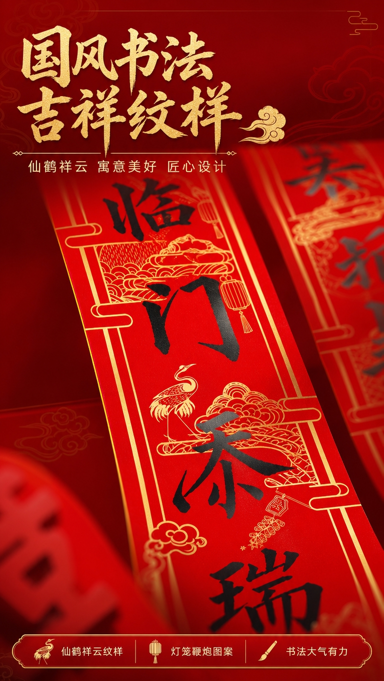 [商品] 使用【图4】对联书法细节；保留红底、黑色书法字体笔画… - 图片创意预览