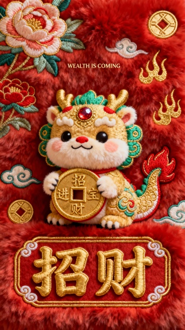 一张以红色毛绒材质为背景的中国传统刺绣风海报，绒感柔软蓬松。画面中央是一只Q版2D刺绣貔貅，身体毛绒圆润可爱，以金线勾勒外形，主体配色为金色、翠绿与红色点缀，额头宝珠闪亮。貔貅憨态可掬地抱着一个大金色预览效果