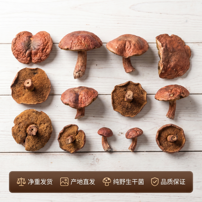 [主图 5] 云南红乳牛肝菌服务承诺转化图。
[氛围风格] 真实产品展示，打消购买顾虑
[画质] 商业摄影质感、光线柔和通透、产品清晰真实、画面干净高级
[元素] 多片不同大小的红乳牛肝菌干品整齐摆放预览效果