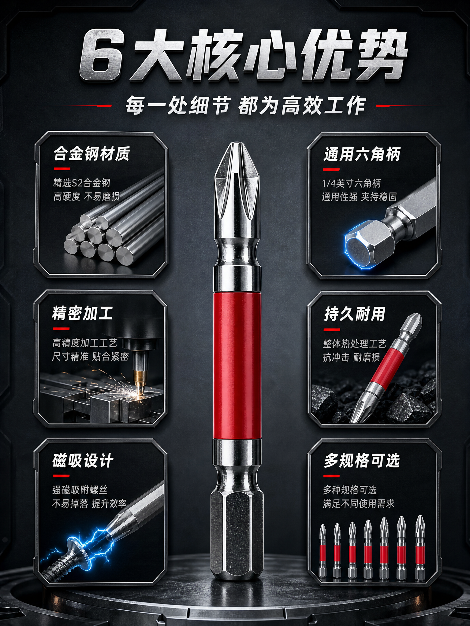 电商详情页，核心卖点总览。中心一支大号十字批头，周围环绕6个卖… - 图片创意预览