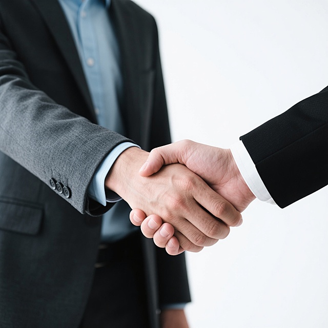 两只身着正式西装的手在纯白色背景下有力相握，左手穿着深灰色西装外套与浅蓝色衬衫，右手穿着黑色西装外套与白色衬衫，手部皮肤纹理细腻，指甲修剪整齐，袖口细节清晰，整体画面呈现简约、专业、商务正式的氛围，光线柔和均匀，突出握手这一核心动作所传递的合作与信任主题，构图简洁明了，视觉焦点集中于交握的双手。