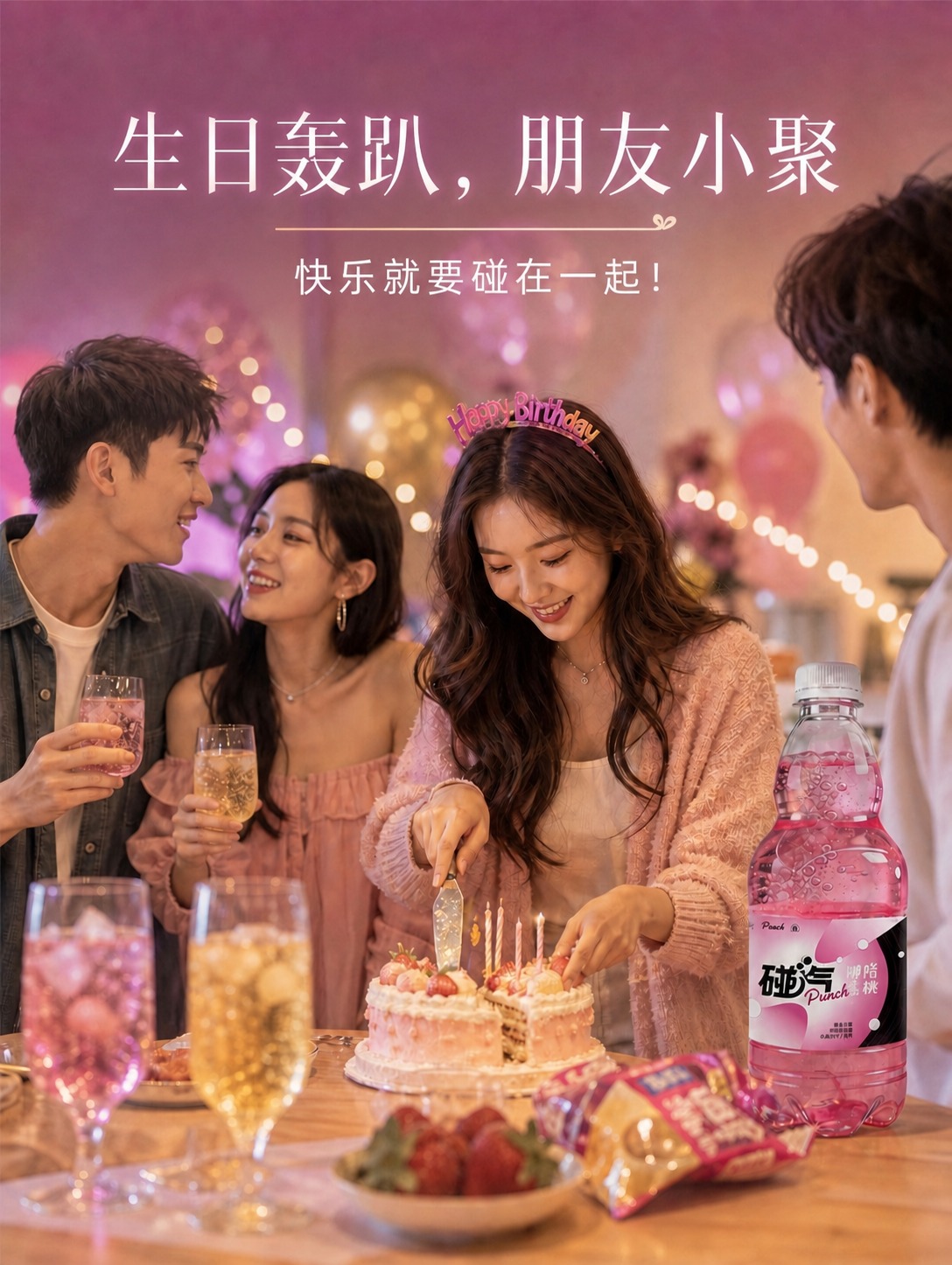 修改图片中的标题文字排版：第一行大号白色字体为"生日轰趴，朋友… - 图片创意预览