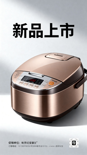 电饭煲新品上市海报，现代简约风格，主体为轻奢质感的智能电饭煲，突出新品上市主题，顶部添加醒目标题文字"新品上市"，底部保留促销信息位置，整体干净大气适合电商宣传，高清晰度，光影柔和预览效果