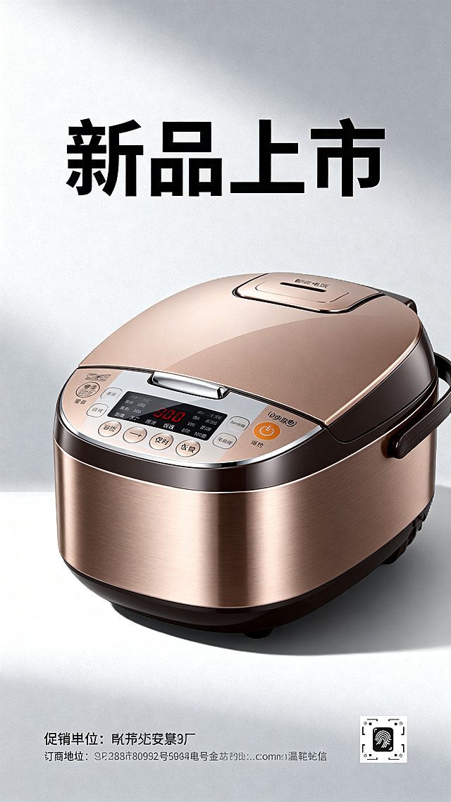 电饭煲新品上市海报，现代简约风格，主体为轻奢质感的智能电饭煲，突出新品上市主题，顶部添加醒目标题文字"新品上市"，底部保留促销信息位置，整体干净大气适合电商宣传，高清晰度，光影柔和