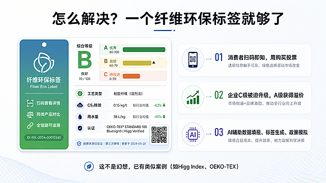 16:9比例PPT产品方案页，大标题文字"怎么解决？一个纤维环保标签就够了"，左侧是类似能效等级的标签示意图，标注工艺类型、CS₂排放、用水量、认证，右侧三条行动：消费者扫码即知，用购买投票；企业C级被迫升级，A级获得溢价；AI辅助数据填报、标签生成、政策模拟，底部文字"这不是幻想，已有类似案例（如Higg Index、OEKO-TEX）"。标签图居中，干净背景，冷暖平衡，简约方案设计。