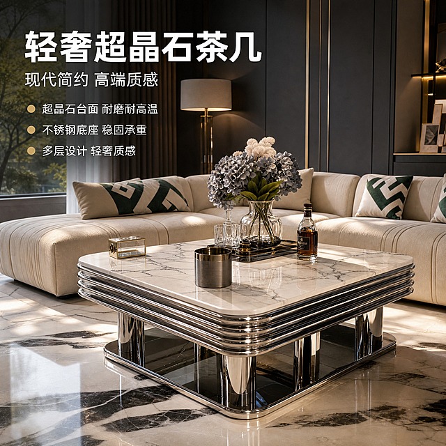 [主图-1] 空间场景与氛围主图，展示超晶石台面轻奢茶几在现代轻奢客厅中的整体美感与空间搭配效果。
[统一基调] 现代轻奢风格，深灰+米白+金属银配色，暖调自然光，高级质感，无框满版构图，标题字为白色粗体无衬线字体，辅助字为浅灰色，强调色为金属香槟金。
[画面] 画面中心偏右位置摆放超晶石台面轻奢茶几，45°正侧面视角，产品完整不切割，占画面约55%。茶几台面为白色底带灰色自然纹理的超晶石材质，底座为亮面不锈钢多层弧形设计，金属光泽感强。背景是现代轻奢风格客厅：深灰色哑光墙面，地面铺黑白根大理石纹地砖，左侧摆放米色轻奢布艺沙发（带深绿色几何图案抱枕），沙发旁有落地灯，茶几上摆放花艺装饰、金属摆件、玻璃酒杯等软装，背景有窗户透进午后暖光，整体软装搭配丰富有层次。画面左上角放置主标题和亮点列表，主标题大字号白色粗体，下方3个亮点用金色圆点符号引导，左对齐排列。
[光影质感] 商业摄影质感，午后暖调自然光从左侧窗户射入，在茶几金属底座形成柔和高光反射，台面有自然光斑，阴影柔和自然，产品与地面接触真实，无悬浮感。
[配色] 主背景深灰色，产品白色台面+银色金属，文字白色+金色点缀，整体色调统一高级。
[文字版式] 左上角主标题："轻奢超晶石茶几"，副标题："现代简约 高端质感"；下方亮点列表："超晶石台面 耐磨耐高温"、"不锈钢底座 稳固承重"、"多层设计 轻奢质感"，每个亮点前加金色圆点符号。文字不遮挡产品主体。
[输出要求] 1:1正方形比例，2048x2048像素，产品清晰，文字清晰可读，画面干净高级。禁止出现：变形、错字、模糊、杂乱、水印、平台Logo、人物面部扭曲、手指畸形。