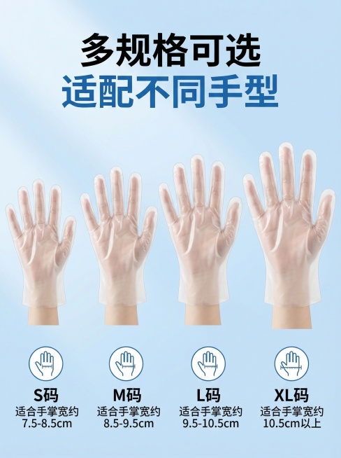 参考提供的一次性TPE手套主图的浅蓝清新风格、字体/图标排版逻辑，生成第6张详情页规格页：展示S/M/L/XL不同尺寸手套对比，上方文案“多规格可选 适配不同手型”，下方标注尺码适配建议，整体750*预览效果
