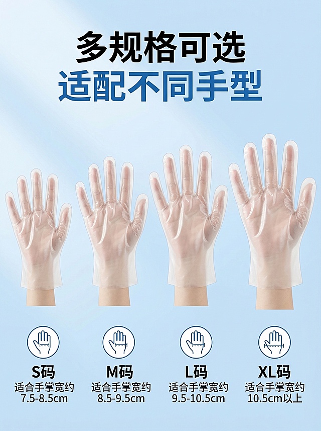 参考提供的一次性TPE手套主图的浅蓝清新风格、字体/图标排版逻辑，生成第6张详情页规格页：展示S/M/L/XL不同尺寸手套对比，上方文案“多规格可选 适配不同手型”，下方标注尺码适配建议，整体750*1000尺寸，和参考图风格完全统一