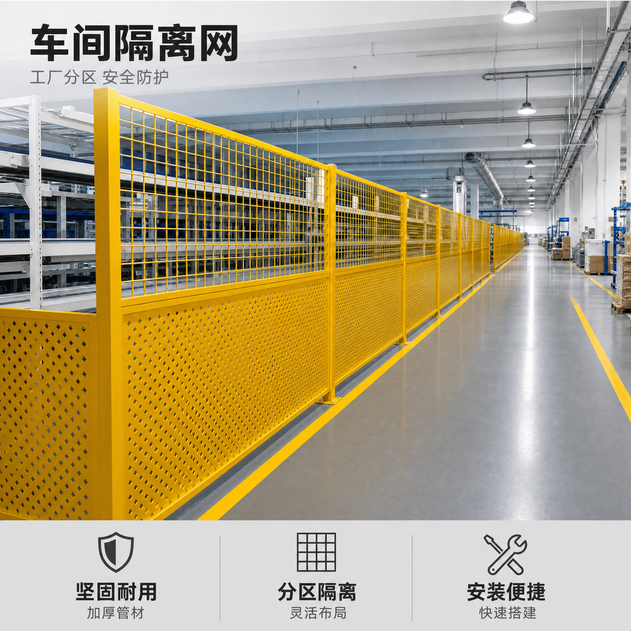 [单张主图] 车间隔离网电商主图，在原有实景风格基础上，底部增… - 图片创意预览