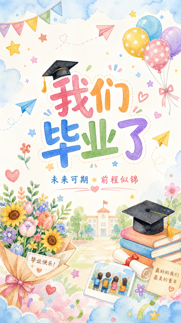 六年级毕业纪念册结尾封底，主题我们毕业了，卡通手绘水彩风格，小学生风格，包含文字"未来可期 前程似锦"，周围用星星、气球、纸飞机、花束、毕业帽等装饰画填充，整体温馨清新，和参考图片风格一致预览效果