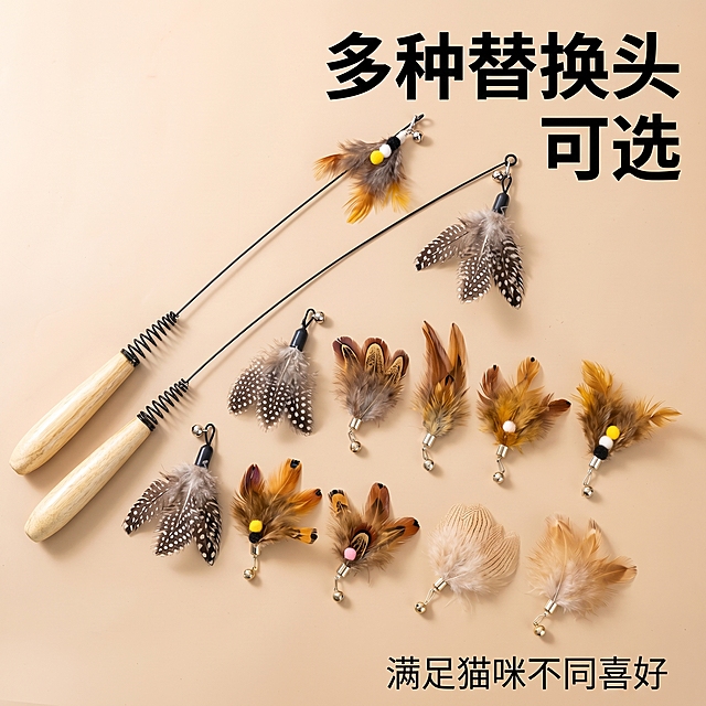 [主图 5] 多款式替换头展示
[氛围/风格] 整齐展示，商业摄影质感，光线柔和通透，产品清晰真实，画面干净高级
[元素/光影] 整齐排列展示多款不同羽毛替换头，逗猫棒主体放置在一侧，多款替换头在下方整齐排列展示。浅米色暖调背景，保持每款替换头的羽毛纹理和颜色与原图一致，精细化处理。商品整体占比控制在 60%-80% 之间，画面满屏无边框。
[配色色系] 主色调浅米色暖调，多款不同羽毛自然色彩丰富和谐
[视角构图] 俯视平铺构图，整体布局整齐清晰
[文字版式] 顶部主标题“多种替换头 可选”黑色粗体，底部提示文字“满足猫咪不同喜好”小号字体，文字不遮挡产品，对比度清晰。
[比例分辨率] 1:1 比例，2k 分辨率，文字清晰锐利，画面超高清
[负向提示词] 变形，水印，文字错乱，产品模糊，背景杂乱，遮挡主体，排列混乱