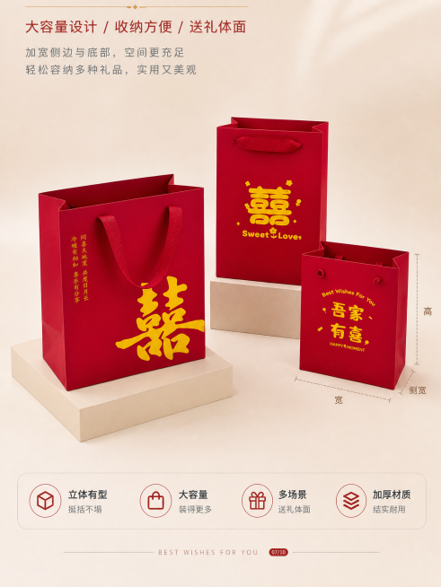 将图1中中间礼品袋的铆钉圆环提手，替换成图2同款的扁口绳子提手，保持原图整体布局、背景、文字文案和礼品袋位置不变预览效果