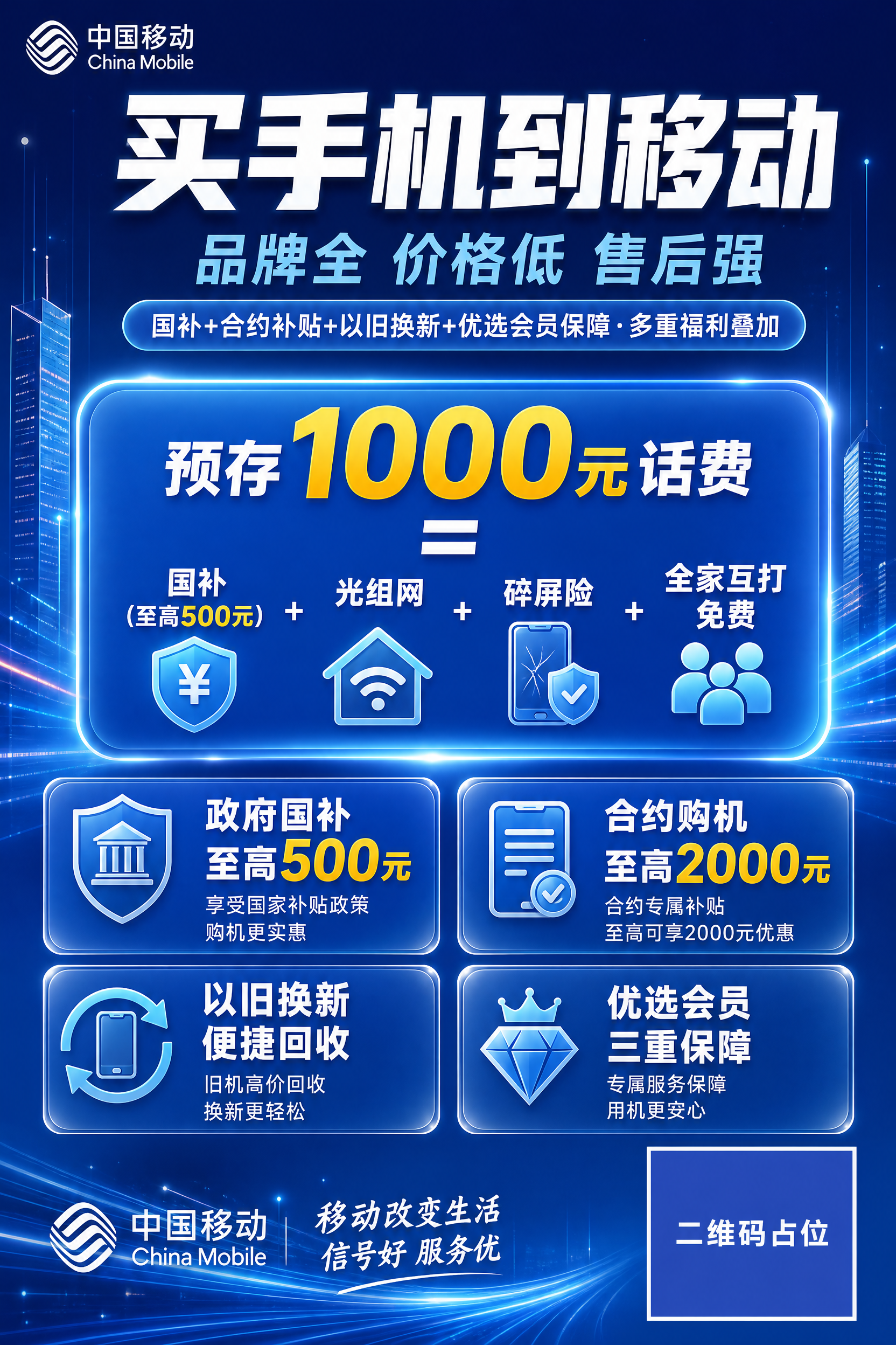 一张中国移动手机促销活动海报，竖版2:3比例，蓝色调现代商务科… - 图片创意预览