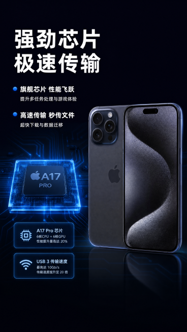 [第4屏] 苹果手机核心配置展示，讲解芯片性能与传输速度优势。本屏使用【图1】手机主体放置在右侧，保持外观与原图一致。
[氛围/风格] 深色科技风，芯片发光可视化效果，专业性能氛围，高清工业质感。
[预览效果