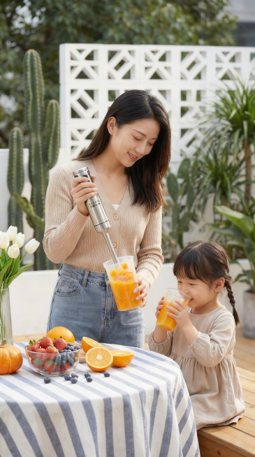 去掉电源线，搅拌的果汁杯中添加果肉预览效果