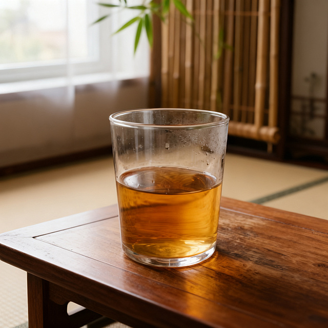 将这杯茶的背景替换为新中式禅意茶室场景，木质茶桌，背景有朦胧窗景、竹帘与绿植，柔和自然光，温暖治愈的氛围，保留玻璃杯和茶汤的真实质感，画面精致有氛围感