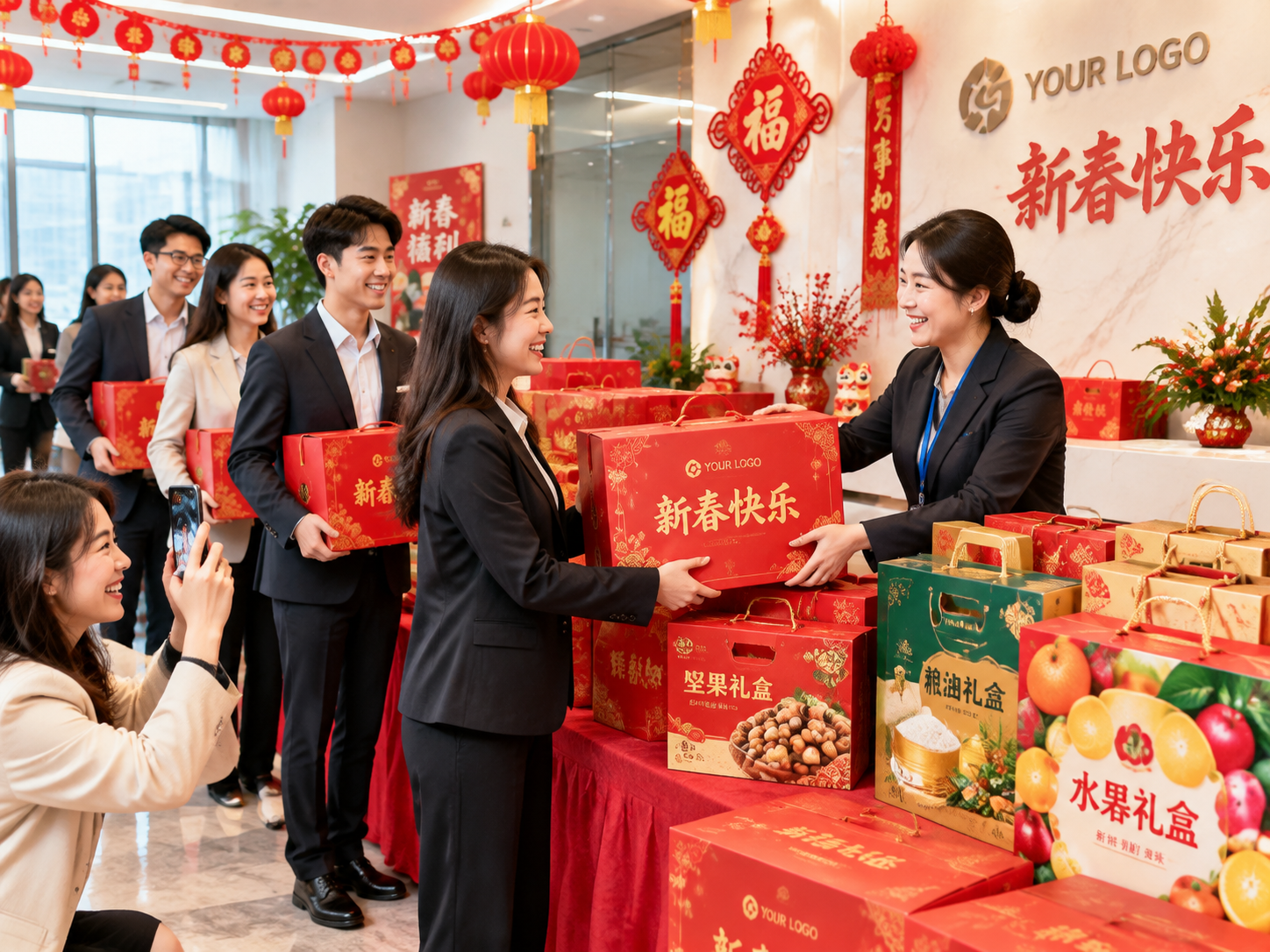 现代公司春节前给员工发放节日福利的场景。明亮的公司前台或会议室… - 图片创意预览