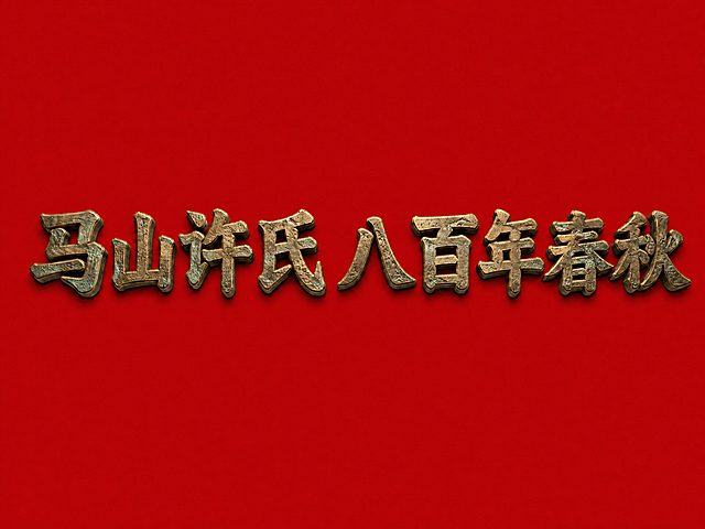 保留原有的古铜色立体浮雕字体"马山许氏 八百年春秋"，保持文字的立体光影和铜锈质感不变，将纯白色背景替换为干净的朱红色背景，整体保留中式传统风格。文字完整无裁切，四周留边。