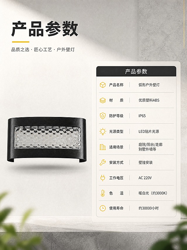 [商品] 使用【图2】黑色弧形户外壁灯；保留灯体弧形结构、黑色外壳、菱形格纹发光面和整体比例；商品处理：增强外壳质感，不改变产品结构与颜色。
[画面] 页面目标：产品规格参数汇总，信息清晰明了。左图右表构图，左侧产品正视图占40%，右侧参数表占60%；浅灰白底背景，产品下方有柔和投影；参数表用细线分隔，信息层级清晰；阅读动线从左到右。
[视觉] 套系策略：风格=现代简约户外照明商业摄影风；标题字=现代无衬线粗体；正文字=简洁无衬线体；主色=深炭黑+暖米白；背景延展=基于深炭黑与暖米白做深浅层级、同色渐变和细腻墙面/石材质感；强调色=暖黄光，仅用于小面积图标、引线和光效；标题色=深炭黑；正文色=中暖灰；组件=细线参数表、圆角表头、参数图标；光影=正面柔光，产品清晰。
[文字] 顶部主标题「产品参数」；参数表包含：产品名称、材质（优质塑料ABS）、防护等级（IP65）、光源类型、适用场景、安装方式等；文字区顶部和右侧排列，不遮挡灯体主体。
[规格] 图片比例3:4竖版，4K分辨率，负向提示：避免变形、错字、文字过小、灯体颜色改变、结构失真、参数表模糊。