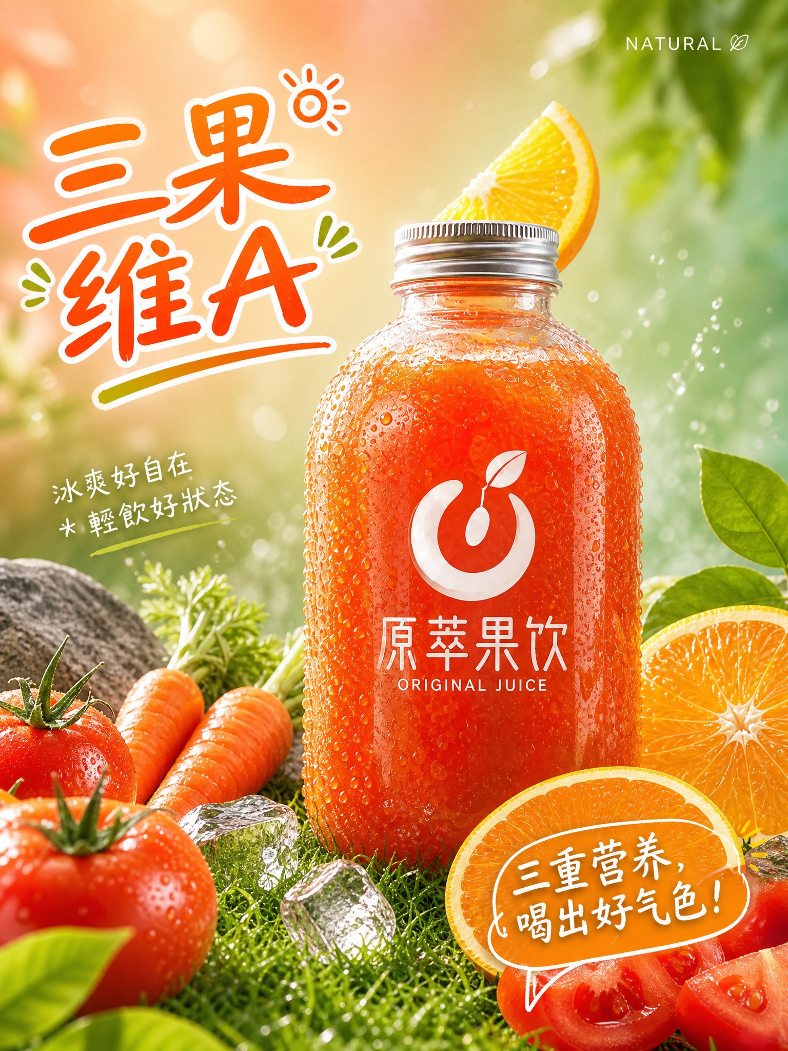 参考图的版式骨架和氛围风格，生成番茄胡萝卜橙鲜榨果汁广告海报。… - 图片创意预览