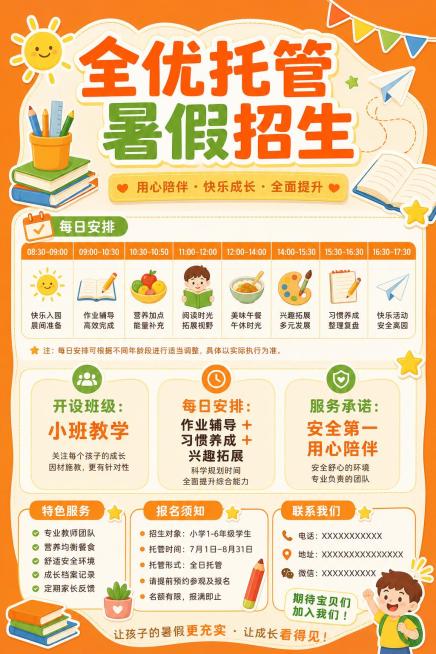 设计A4竖版全优托管暑假招生宣传单背面，橙色打底和正面风格统一，添加托管课程安排、服务介绍文案：开设班级 小班教学/每日安排 作业辅导+习惯养成+兴趣拓展/服务承诺 安全第一 用心陪伴，添加书本、铅笔预览效果