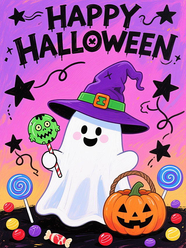 手绘油画风格。背景为粉紫色渐变，点缀黑色星星、简约曲线等装饰；画面核心元素是一只戴着紫色巫师帽（帽身配绿色腰带、橙色扣）的白色卡通幽灵，幽灵面带微笑，手持绿色科学怪人造型的棒棒糖，身旁摆放着带笑脸的南瓜篮，周围散布蓝紫色螺旋棒棒糖、红黄色圆形糖果等元素。顶部有手写风格“HAPPY HALLOWEEN”字样