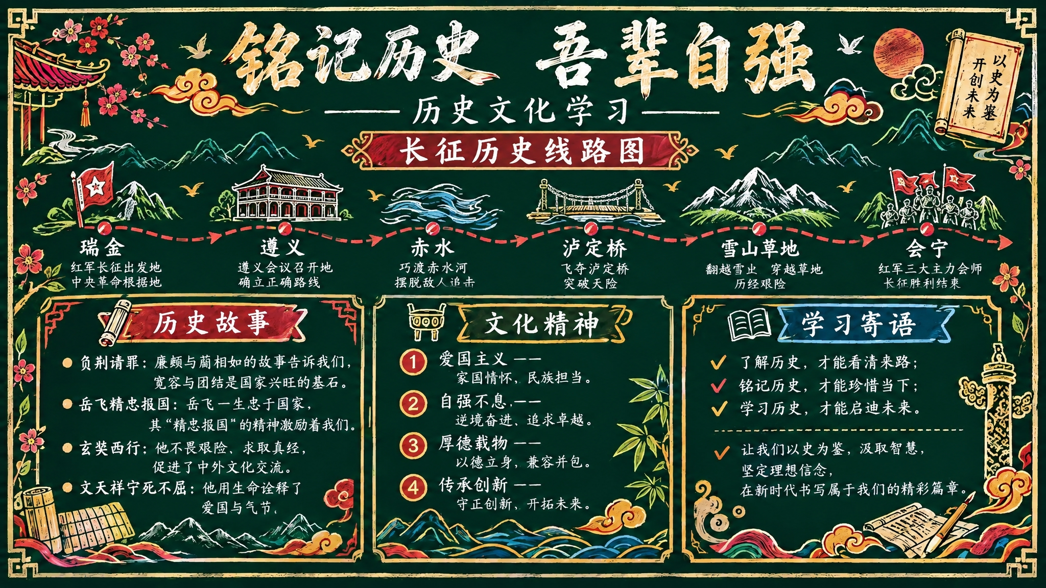 在这张黑板报基础上，将中部的历史文化线路图改为长征历史线路图。… - 图片创意预览