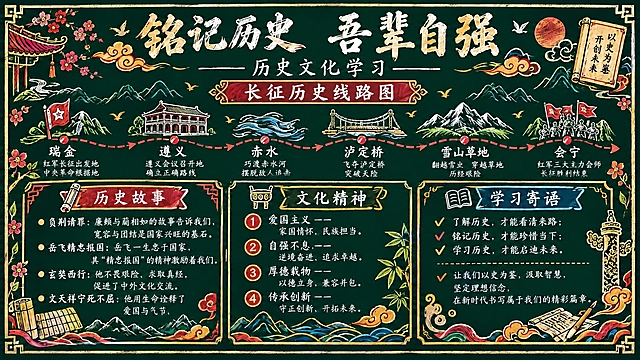 在这张黑板报基础上，将中部的历史文化线路图改为长征历史线路图。把原来的北京、西安、洛阳、苏州、南京、杭州六个节点，替换为长征的六个关键节点：瑞金、遵义、赤水、泸定桥、雪山草地、会宁。每个节点配相应的简笔图标（瑞金配红色起点标志、遵义配会议会址、赤水配河流波浪、泸定桥配铁索桥、雪山草地配雪山草地图标、会宁配会师旗帜）。路线用红色虚线箭头连接，从左到右表示行军方向。线路图标题改为"长征历史线路图"。保持整体黑板报粉笔手绘风格，深墨绿色黑板底，文字清晰工整。