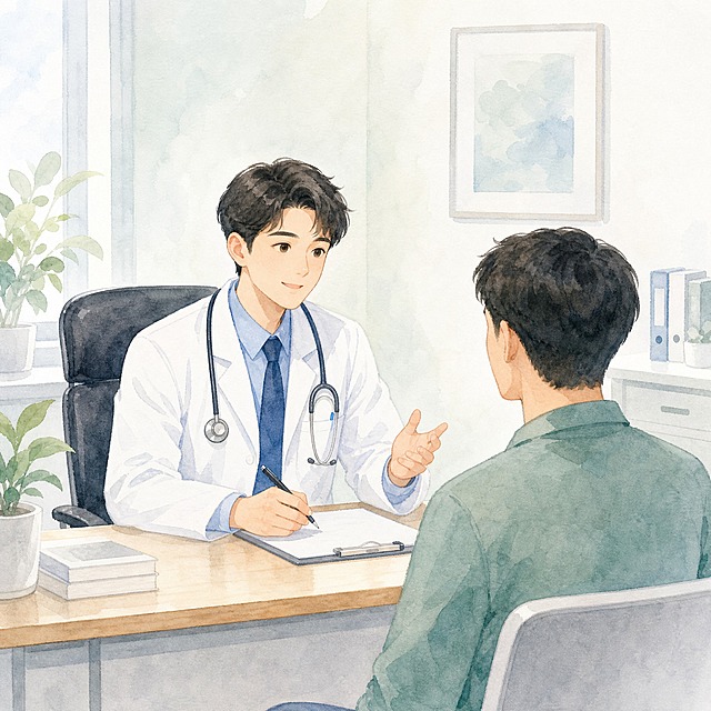 水彩手绘插画风格，专业评估健康主题，一位男医生坐在诊室办公桌前，与一位男士面对面沟通问诊，医生态度温和专业，诊室环境简洁明亮，浅淡柔和的背景，低饱和配色，画面干净清爽，无任何文字，健康科普小插画风