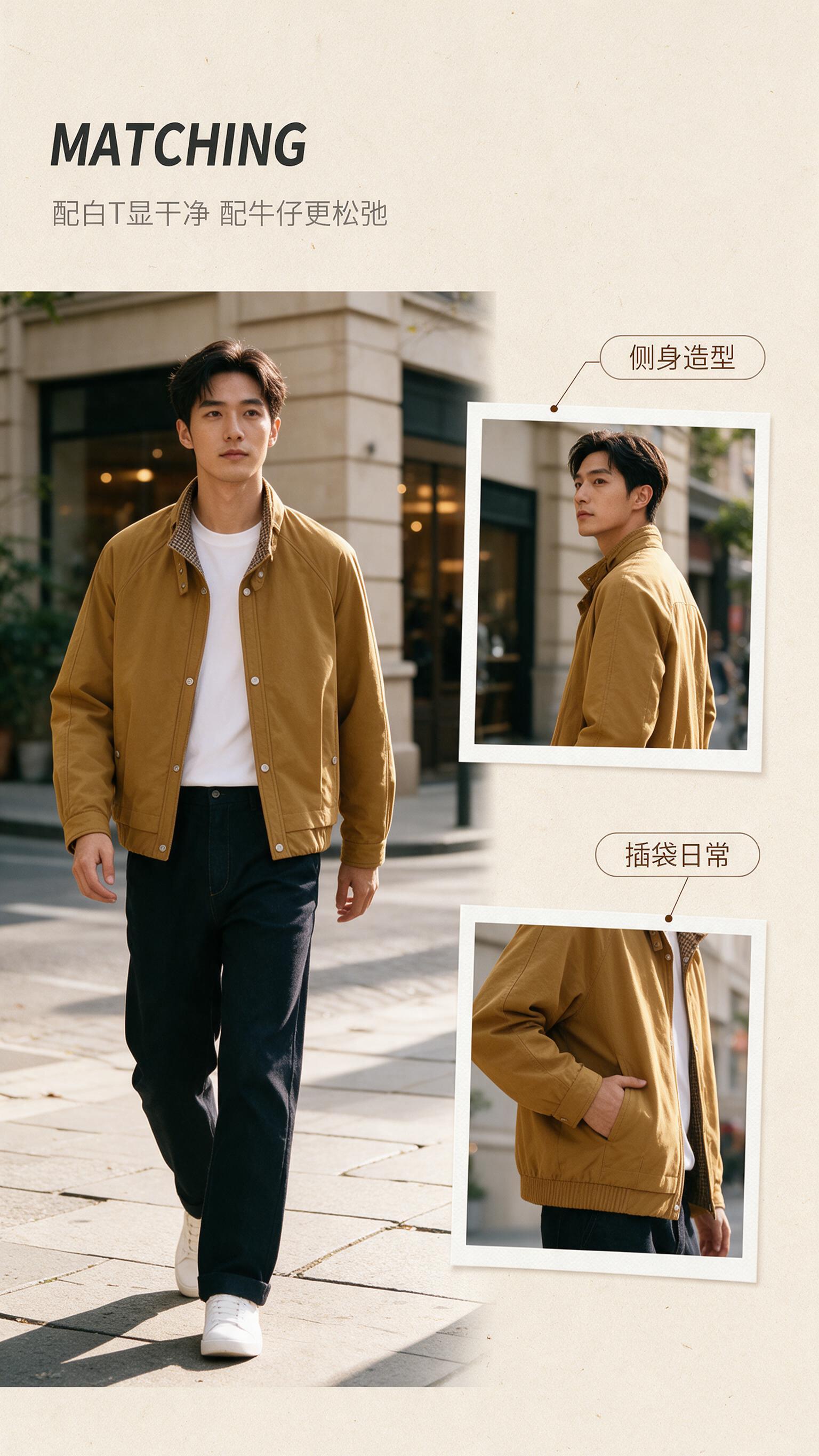 [商品] 使用【图1】姜黄色休闲夹克外套。商品处理：保留立领、… - 图片创意预览